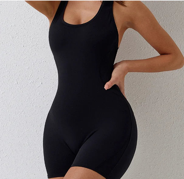 One Piece Jumpsuits for Women Tummy Control V Back Scrunch Butt Jumpsuit Sleeveless Bodycon Yoga Workout Romper Shorts