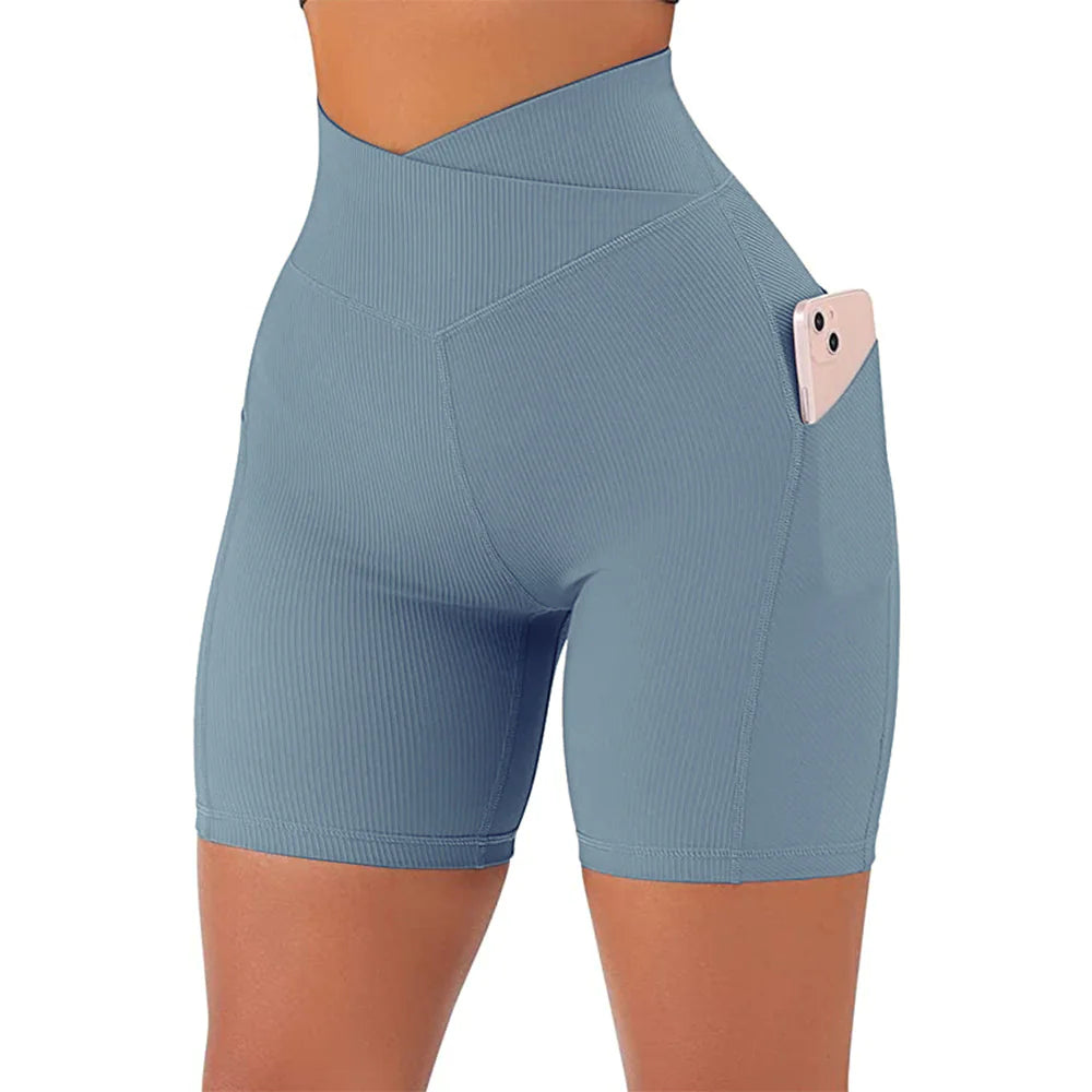 High Waist Cross Workout Shorts with Side Pockets for Women