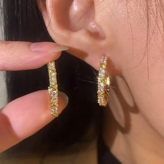 Gold Plated Zircon Cross X Hoop Earrings for Woman