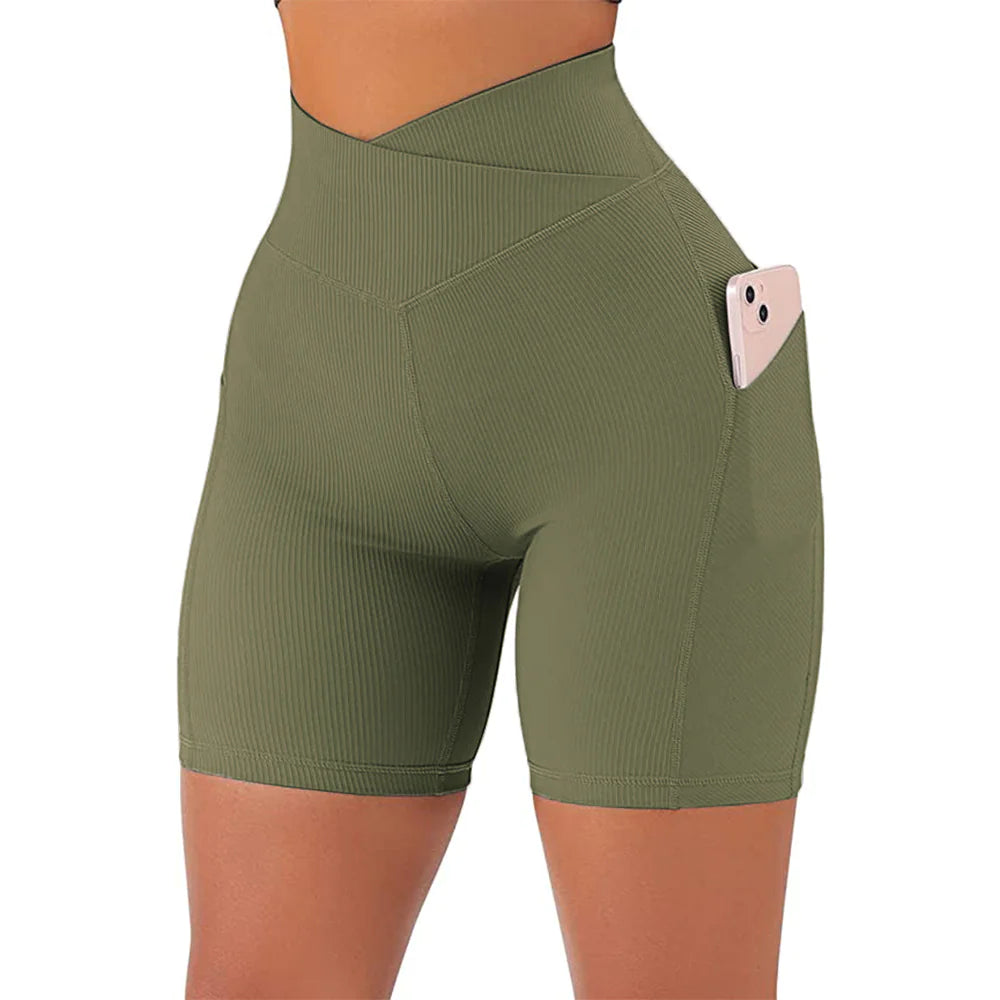 High Waist Cross Workout Shorts with Side Pockets for Women